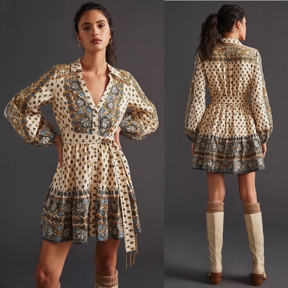 Anthropologie Floral Mini Dress size XS Long Sleeve Embroidered Shirtdress - Picture 3 of 15